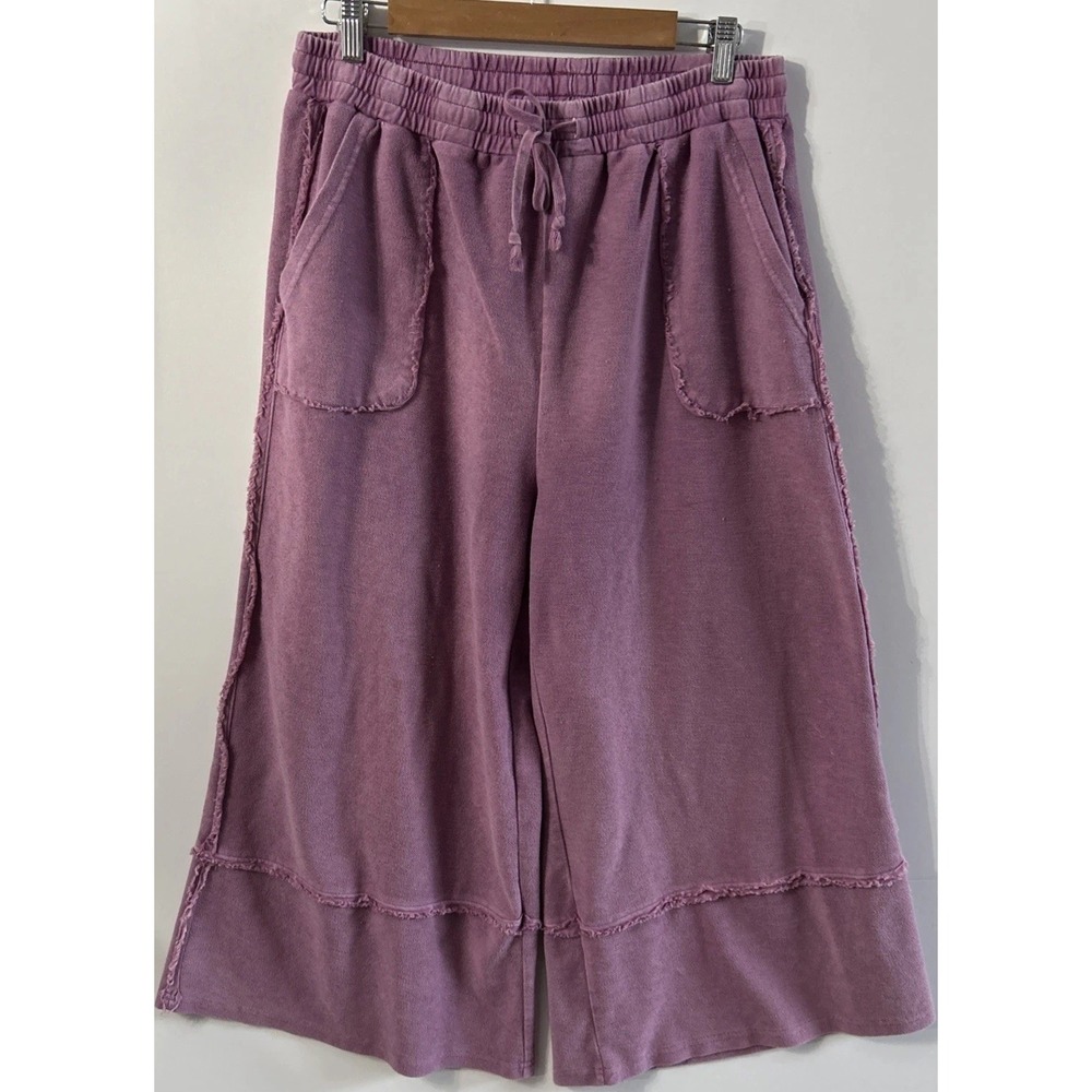 Easel Womens Mineral Washed Criss Cross Wide Leg Terry Knit Pant Pull On Large